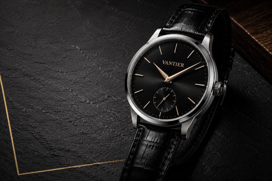 Visualización conceptual de un reloj VANTIER en composición de presencia sobre fondo oscuro.