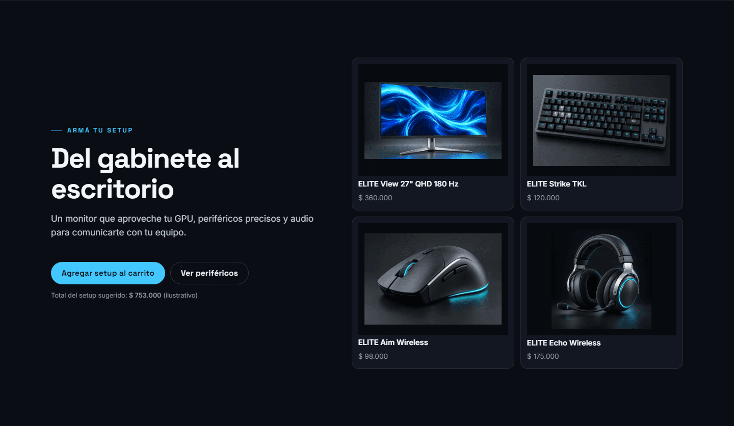 Gaming Elite: selección de monitor, teclado, mouse y auriculares en desktop