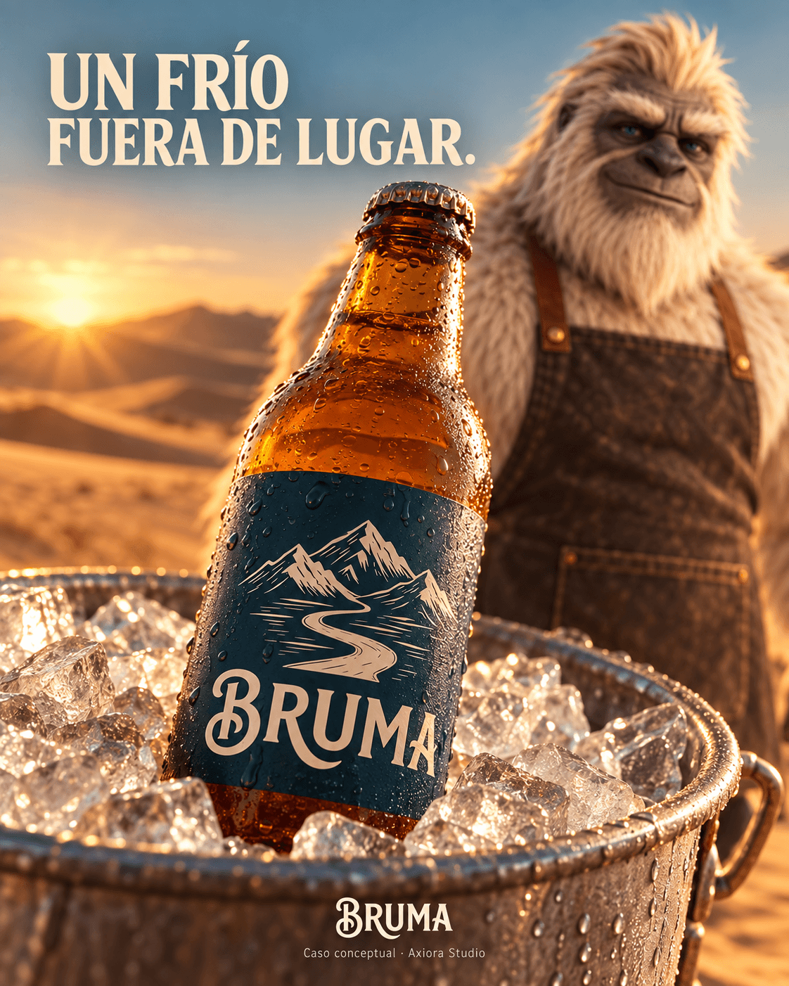 Dirección inicial de BRUMA: personaje y producto en el desierto al atardecer.