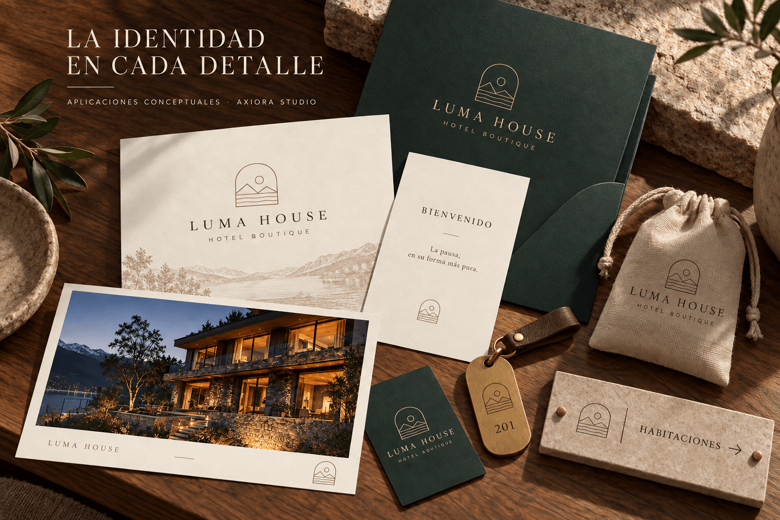 Aplicaciones conceptuales de Luma House en papelería, carpeta de bienvenida, llave y señalética.