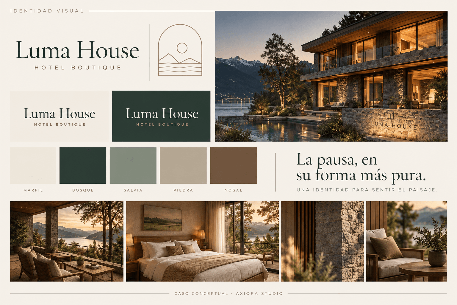 Sistema visual conceptual de Luma House con marca, paleta, tipografía y referencias del hotel.