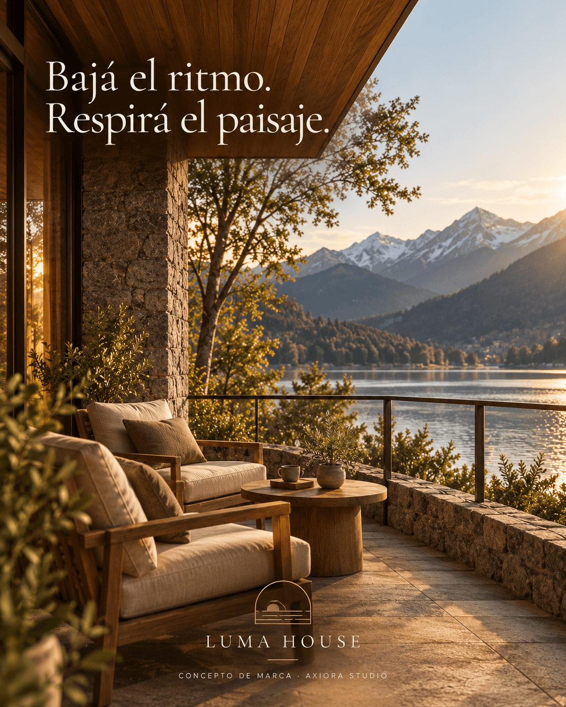 Terraza de Luma House frente al lago y las montañas, con el mensaje Bajá el ritmo. Respirá el paisaje.