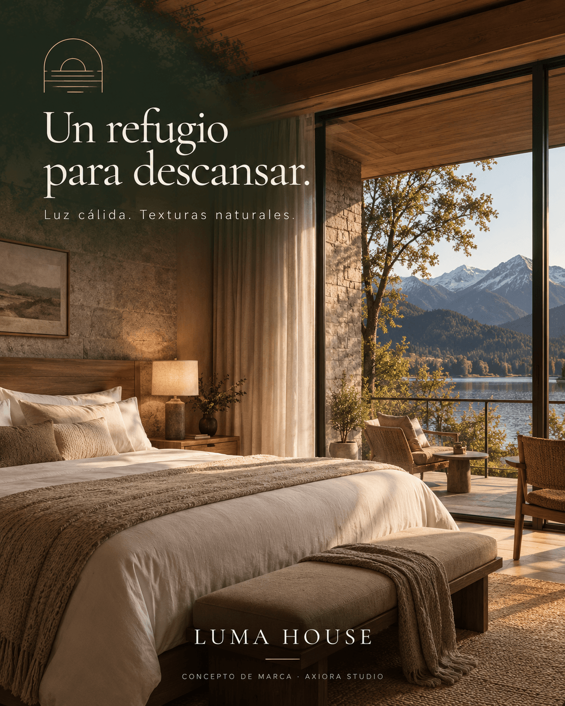 Habitación de Luma House con lino, madera y vista al paisaje, con el mensaje Un refugio para descansar.