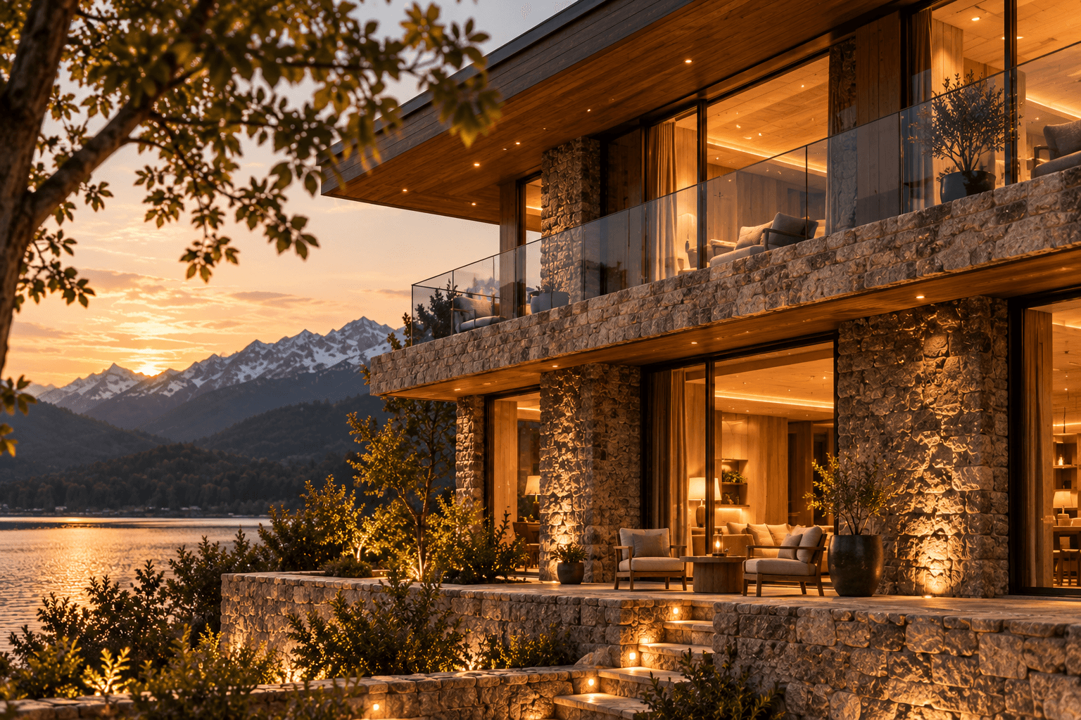 Fachada de piedra y madera de Luma House con iluminación cálida y vista al lago al atardecer.