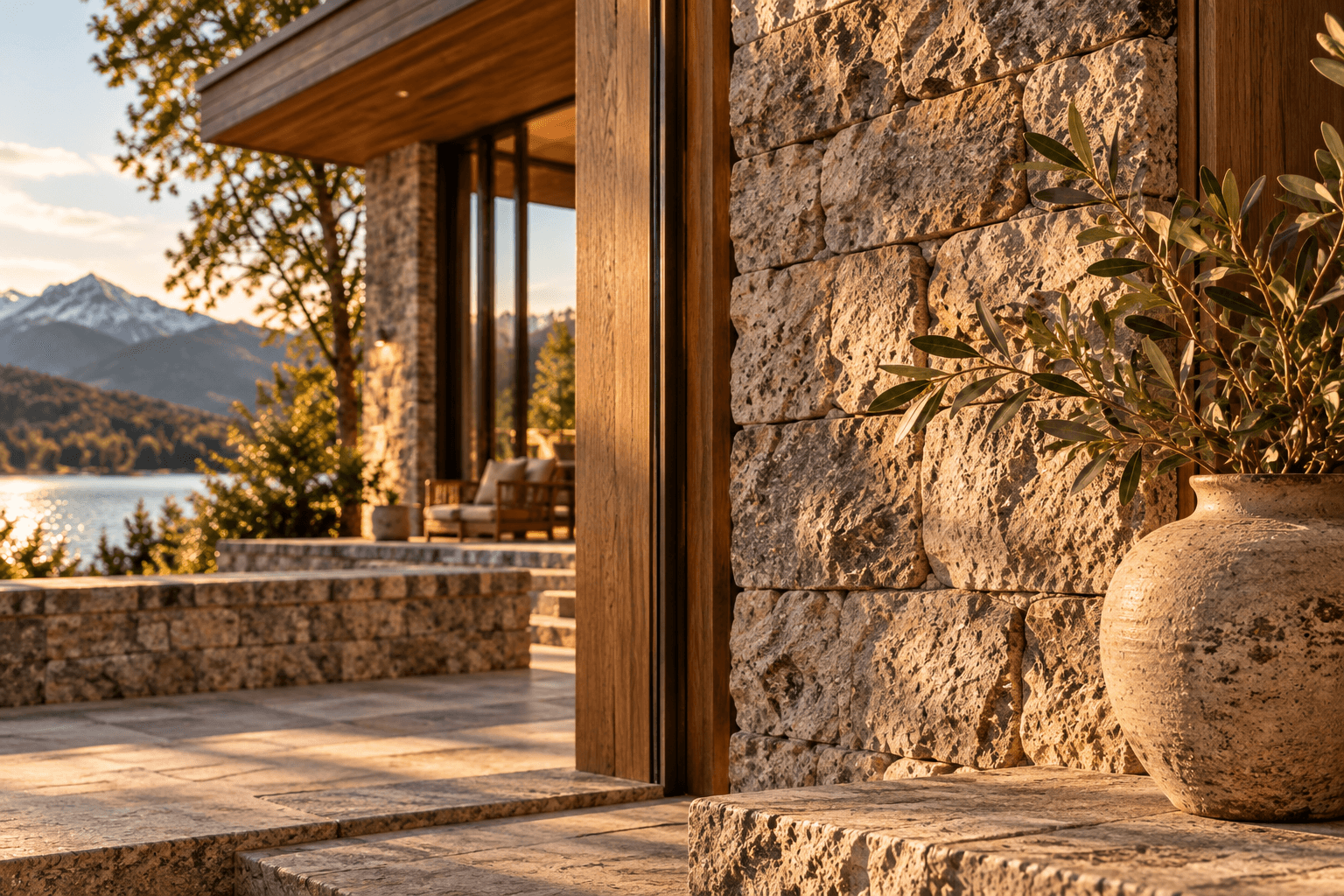 Detalle de piedra natural, madera y cerámica de Luma House, con el lago y la montaña al fondo.