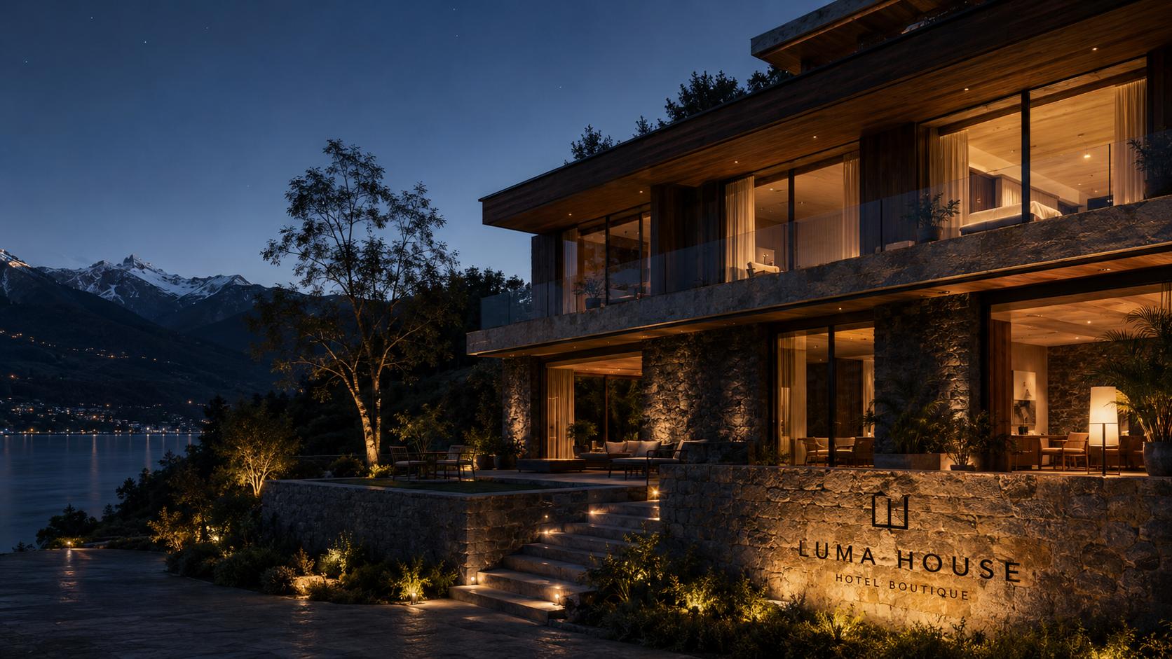 Fachada nocturna de una casa boutique de campaña generada con IA, integrada con montaña, lago y naturaleza.