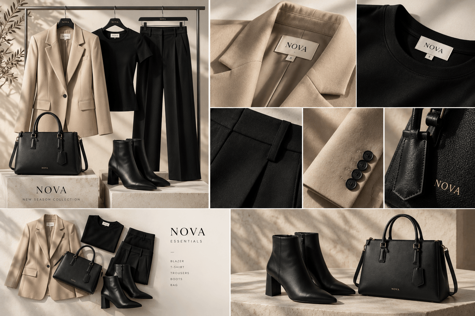 Collage editorial de la colección NOVA con prendas y accesorios.