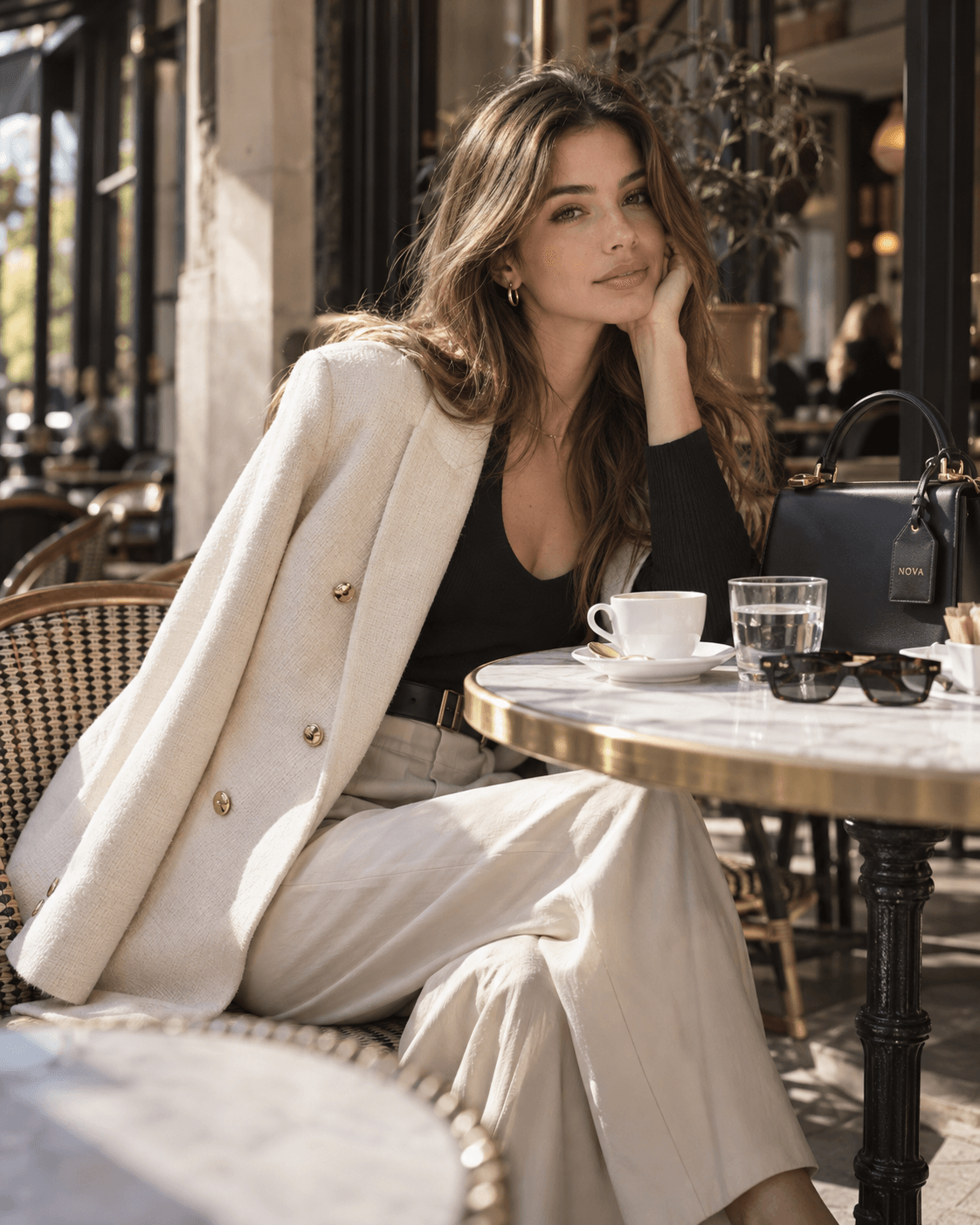 Modelo NOVA con blazer claro y bolso negro durante una pausa en un café urbano.