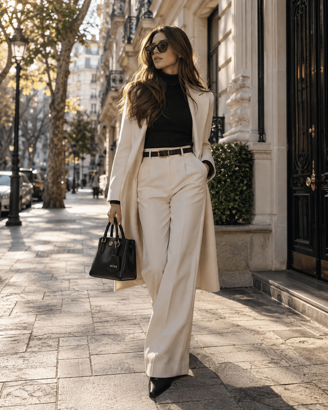 Modelo NOVA con sastrería clara y bolso negro en una escena urbana al atardecer.