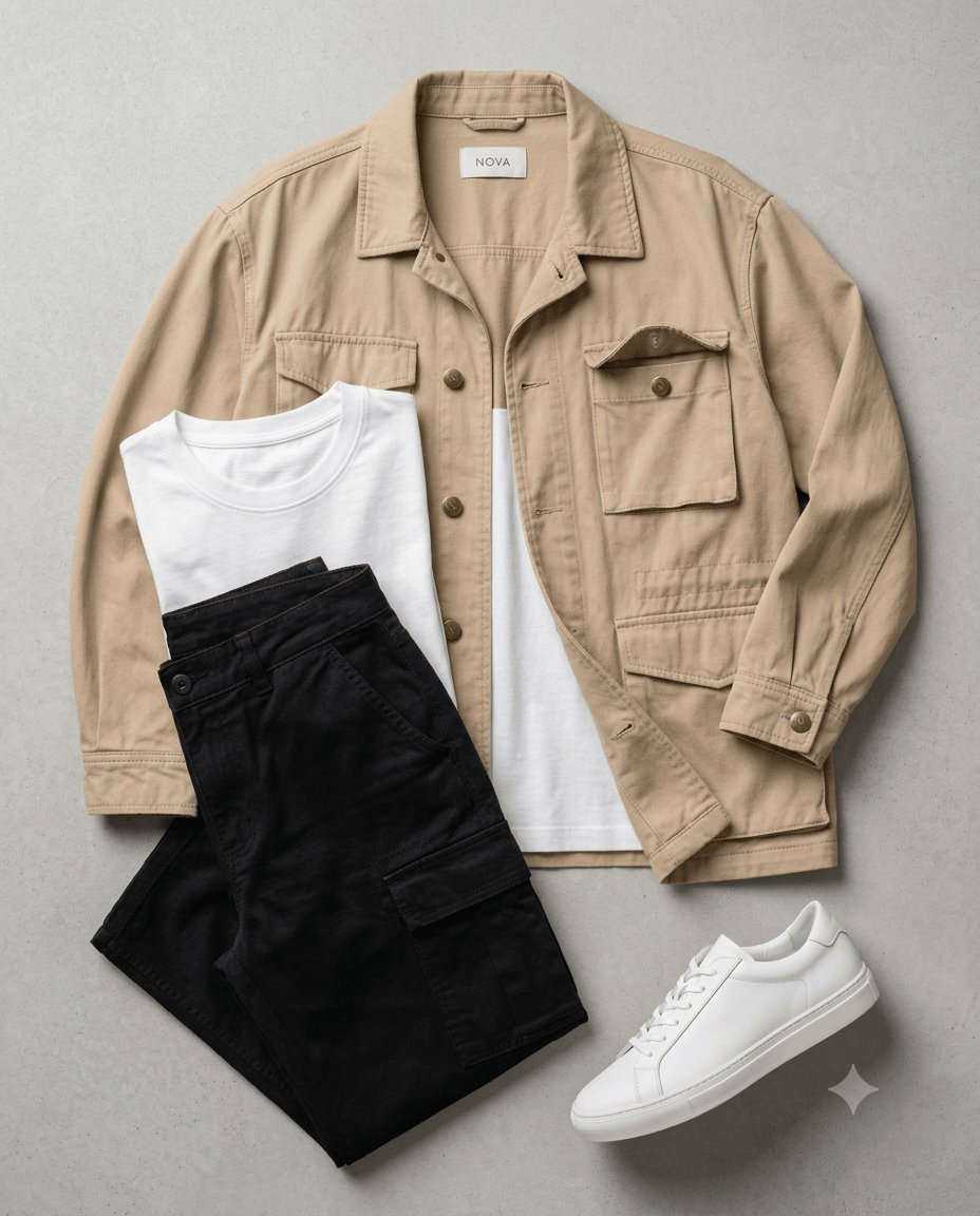 Conjunto NOVA de chaqueta utilitaria, remera, pantalón y zapatillas.