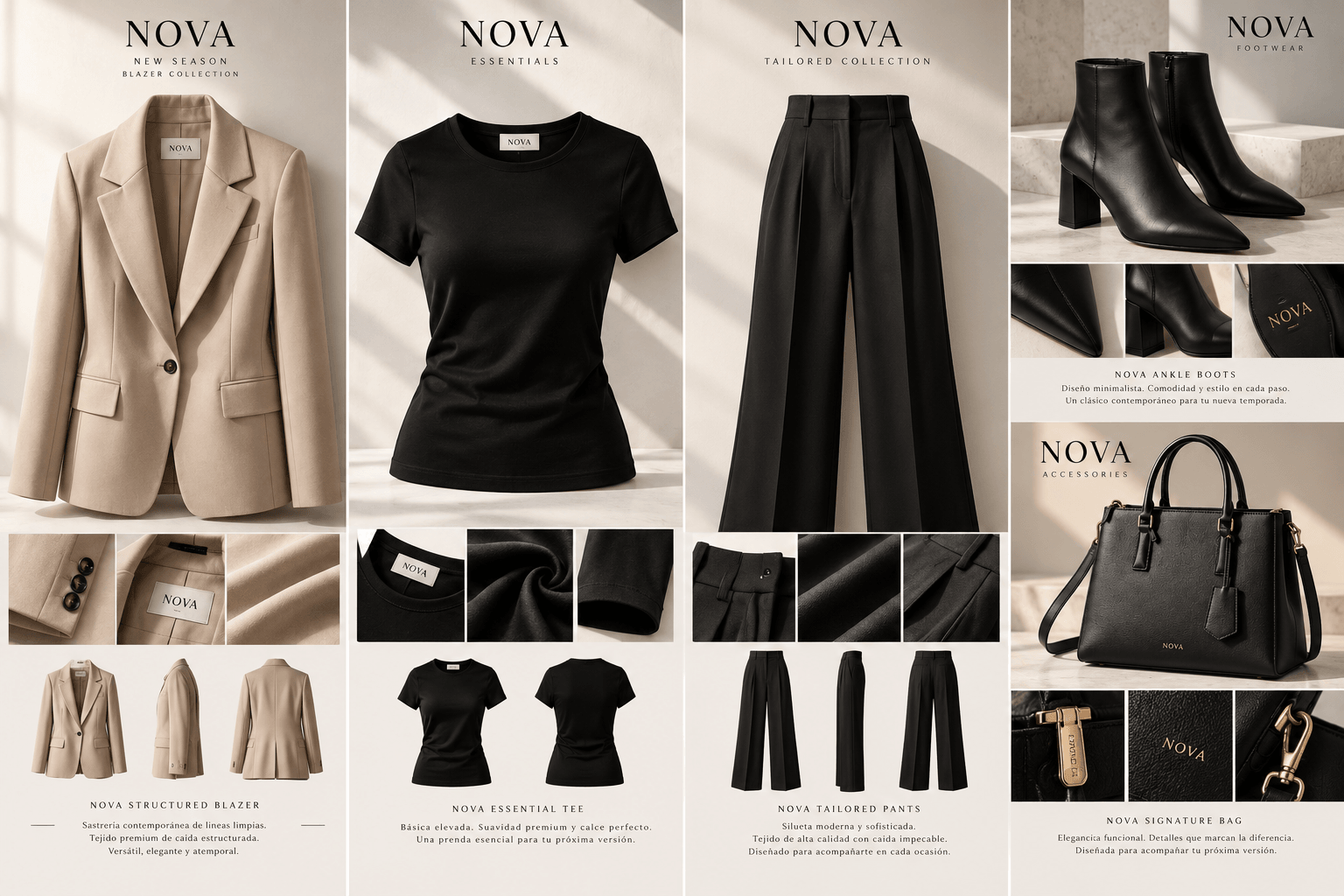 Lookbook de producto NOVA con prendas y accesorios en tonos neutros.