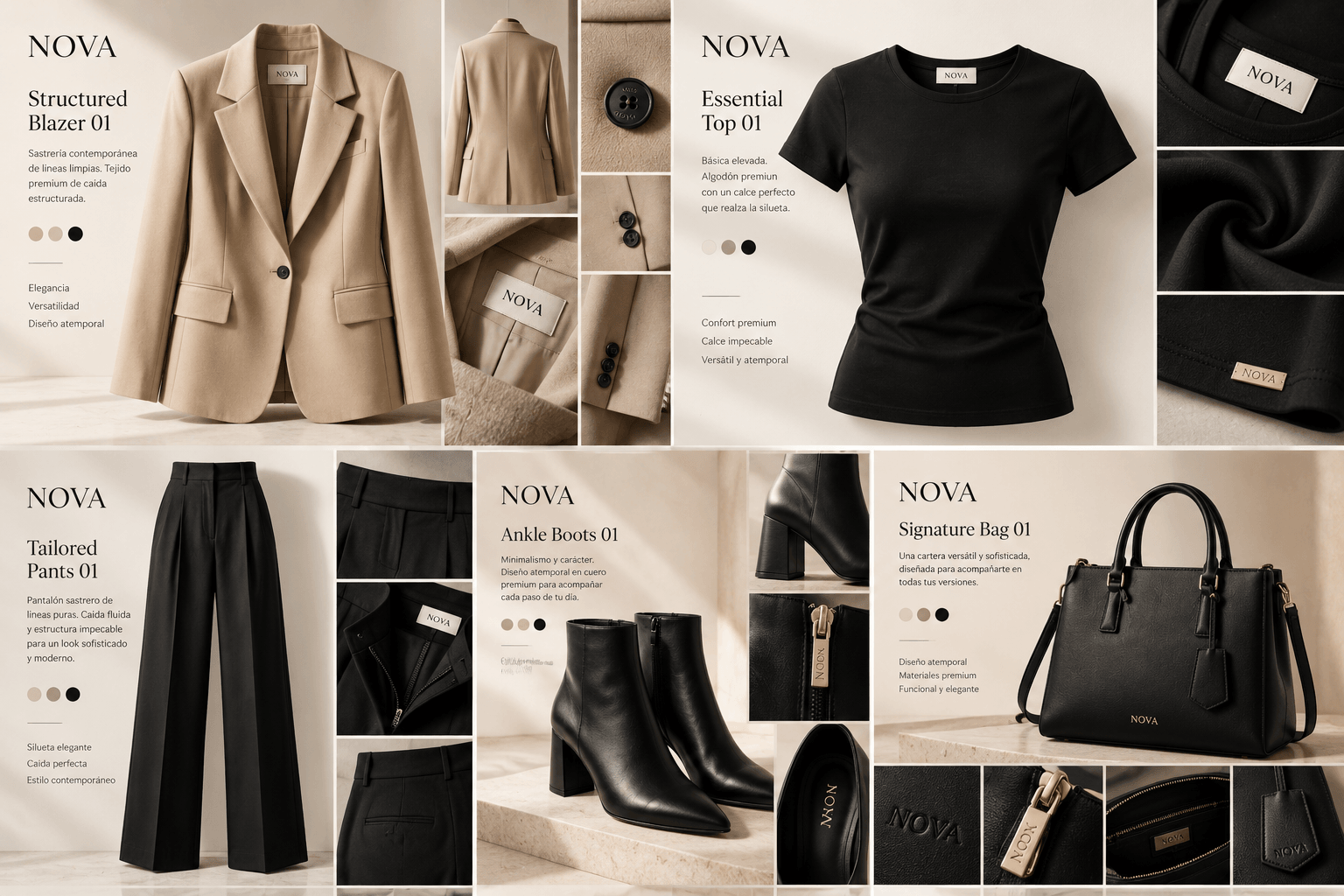 Sistema de producto NOVA con blazer, top, pantalón, botas y bolso.